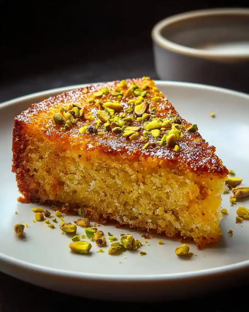 Flourless orange pistachio cake served on a plate with orange slices