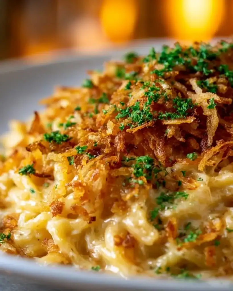 French Onion Chicken Orzo Casserole topped with melted cheese and herbs