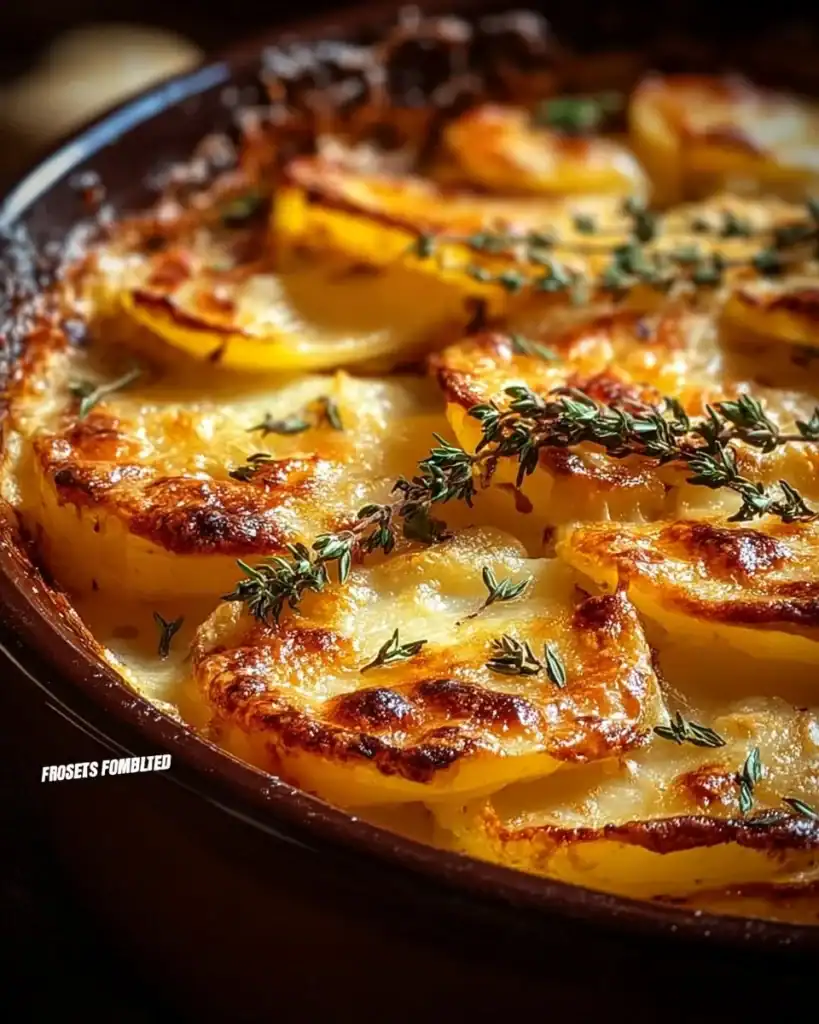 Delicious French Onion Potato Bake served in a rustic dish