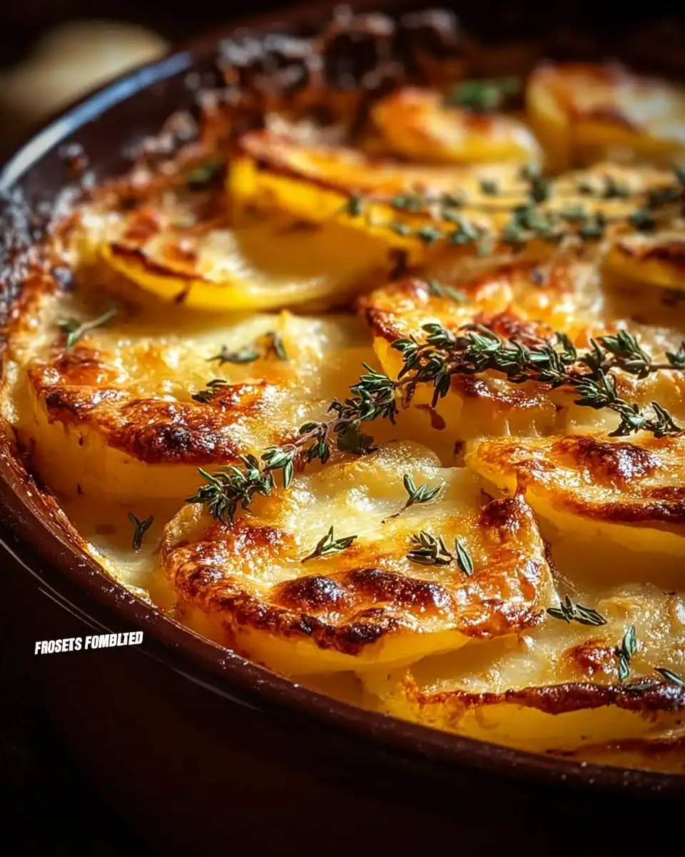Delicious French Onion Potato Bake served in a rustic dish