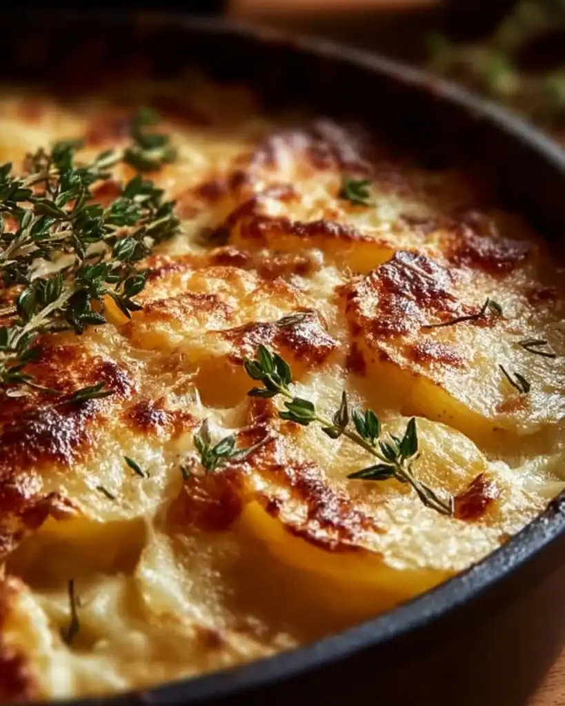 Delicious French Onion Potato Bake topped with melted cheese and caramelized onions