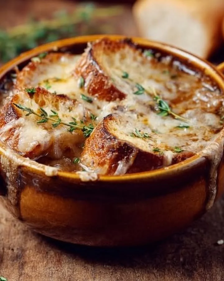 Delicious bowl of French Onion Soup topped with melted cheese and croutons.