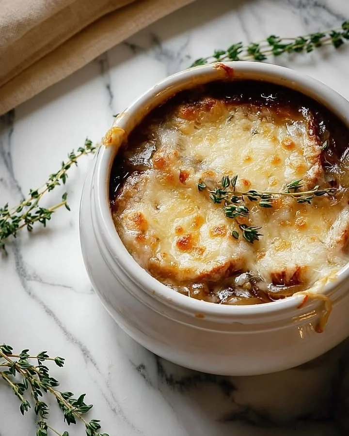 Delicious bowl of French Onion Soup topped with melted cheese and crusty bread.