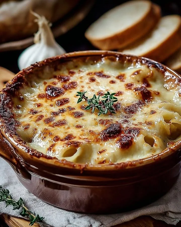 Delicious bowl of French Onion Soup topped with melted cheese and herbs