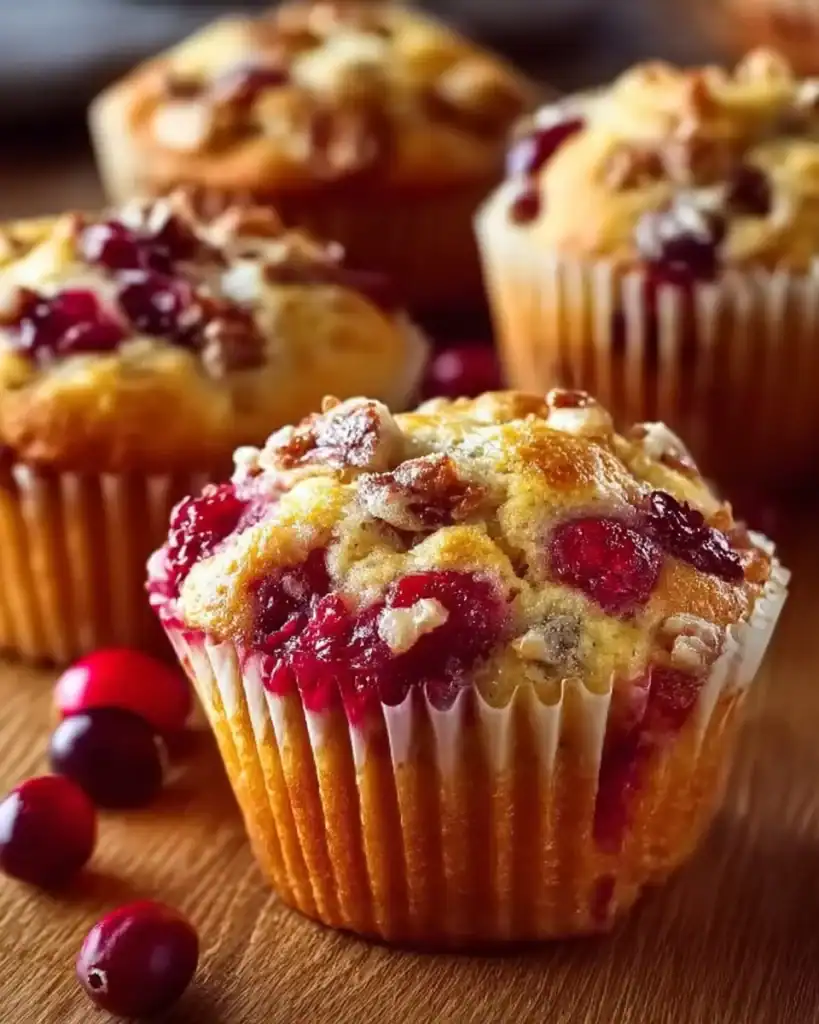 Freshly baked cranberry orange muffins on a wooden table