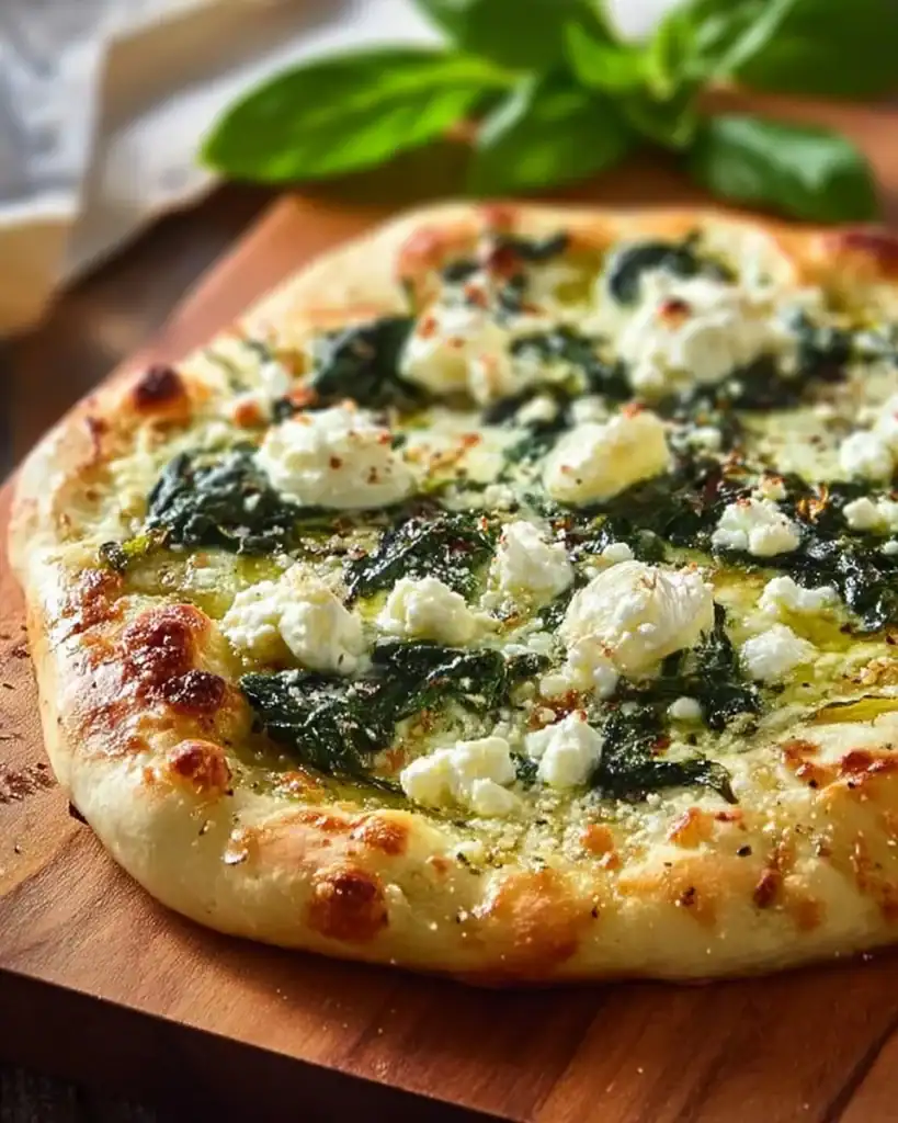 Greek roasted garlic spinach white pizza topped with fresh ingredients