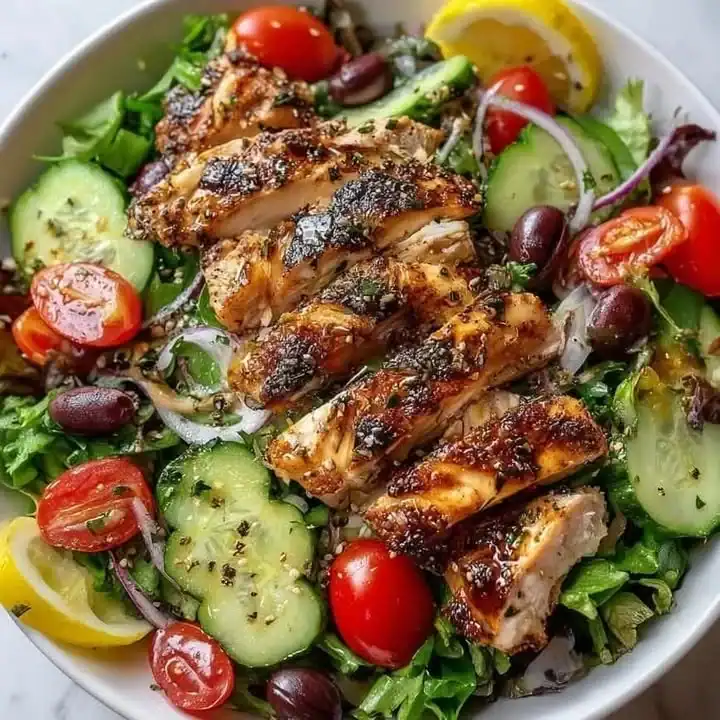 A vibrant grilled chicken garden salad with fresh vegetables and dressing