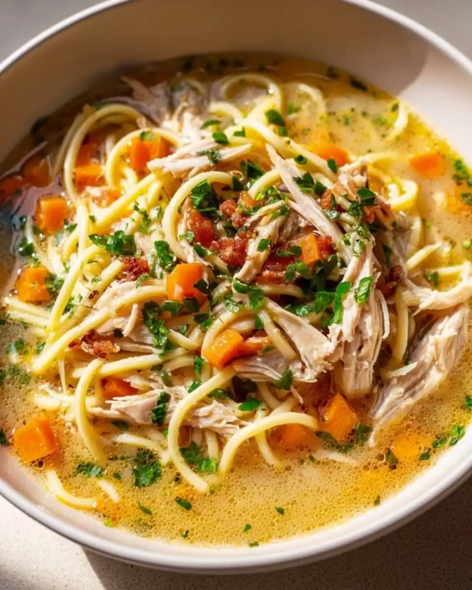 Bowl of homemade chicken noodle soup with fresh vegetables and herbs