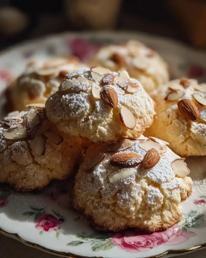 Plate of soft Italian almond ricotta cookies with a nutty finish