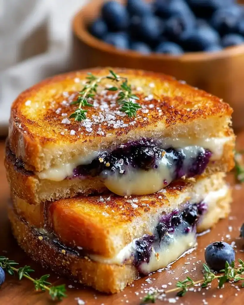 Juicy blueberry grilled cheese sandwich with melted cheese and fresh blueberries