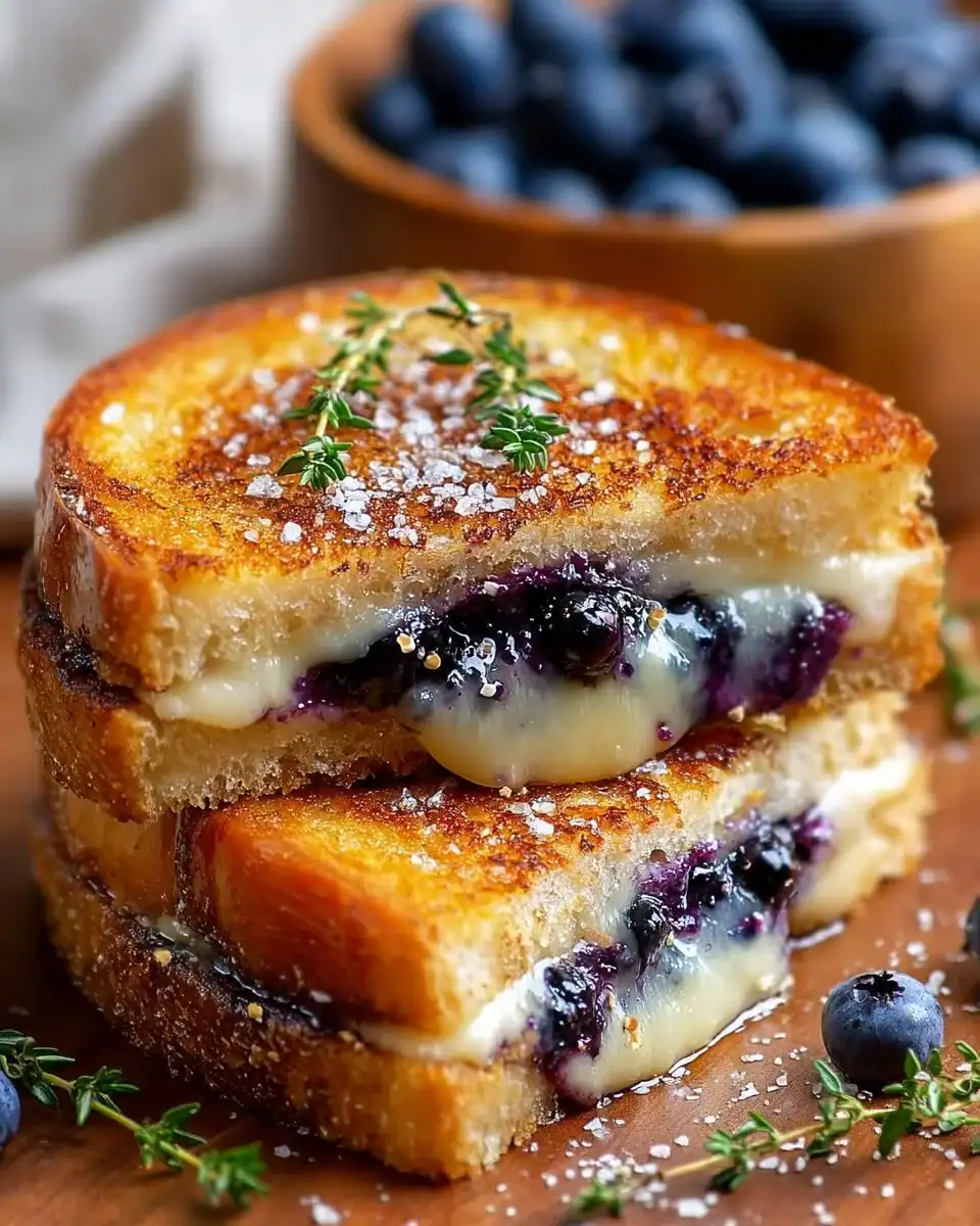 Juicy blueberry grilled cheese sandwich with melted cheese and fresh blueberries