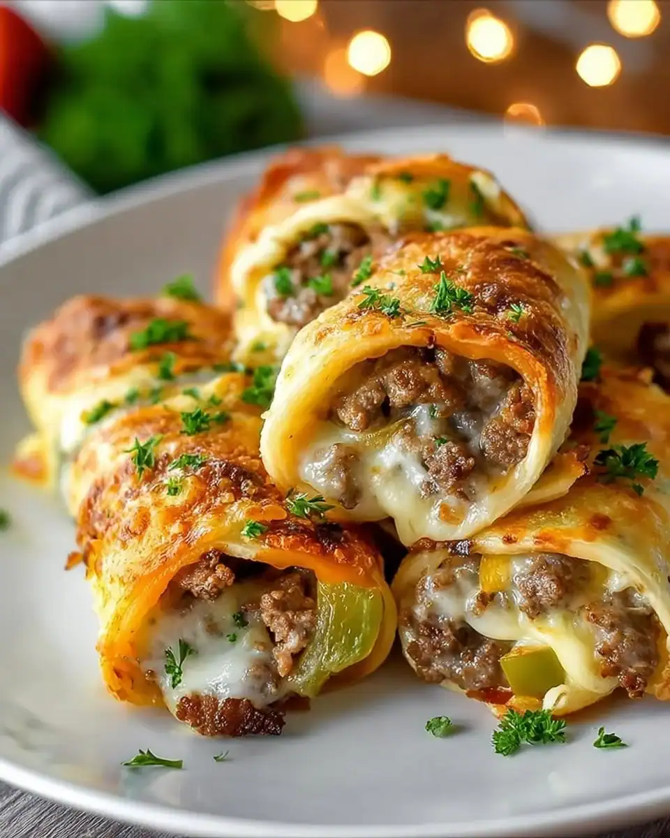 Keto Philly Cheesesteak Roll Ups with cheese and peppers