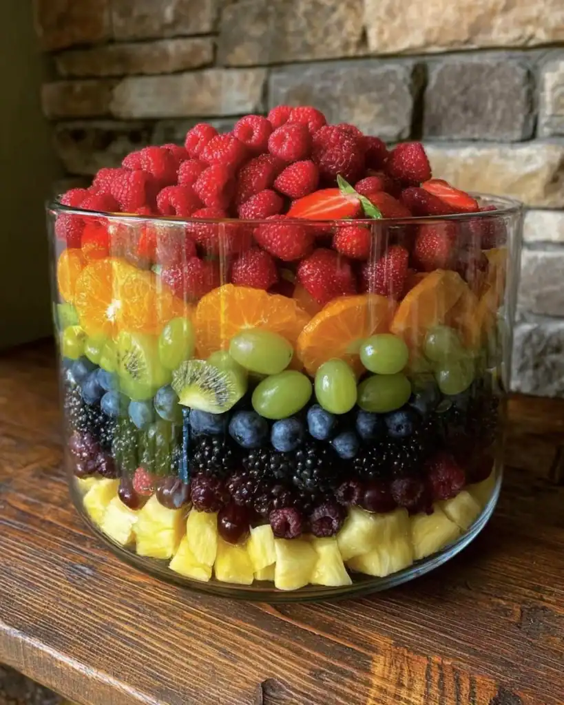 Colorful layered fruit salad with citrus dressing served in a clear bowl
