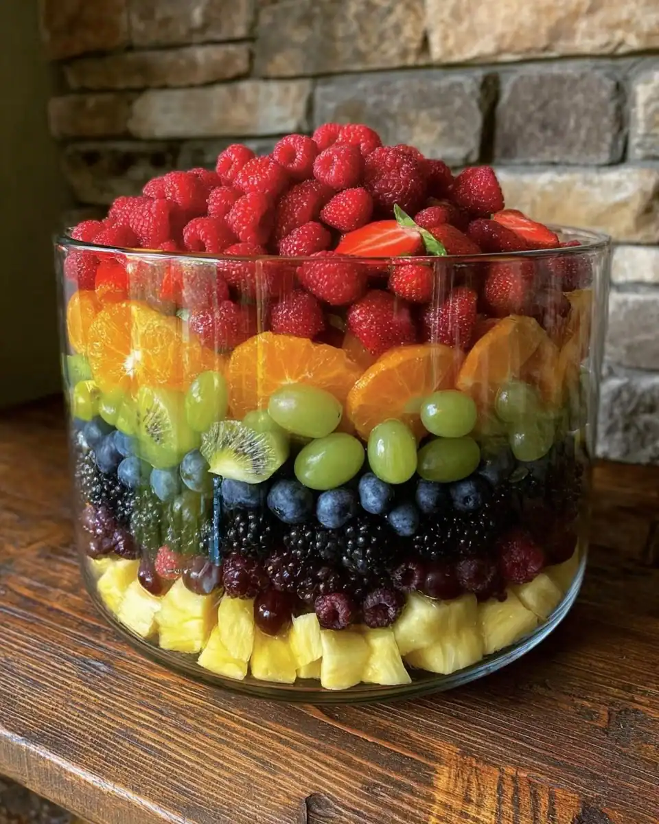 Colorful layered fruit salad with citrus dressing served in a clear bowl