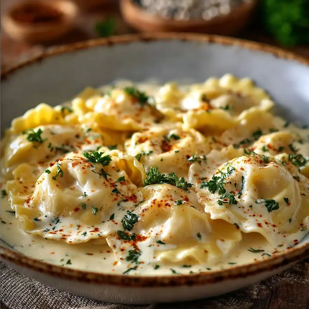 Plate of Lobster Ravioli with Lemon Butter Cream Sauce garnished with herbs