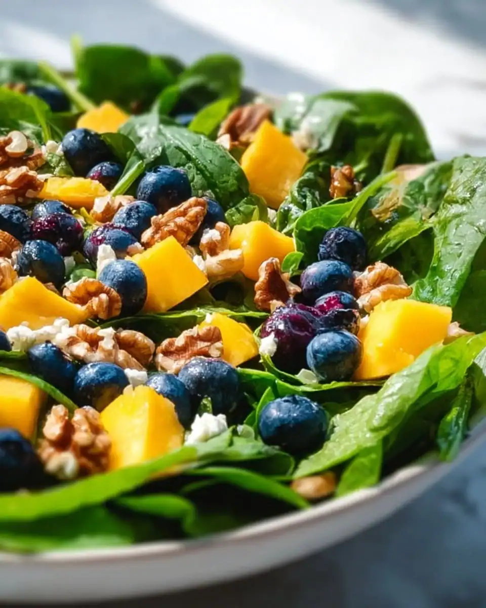 Mango Salad with Spinach and Blueberries served in a bowl