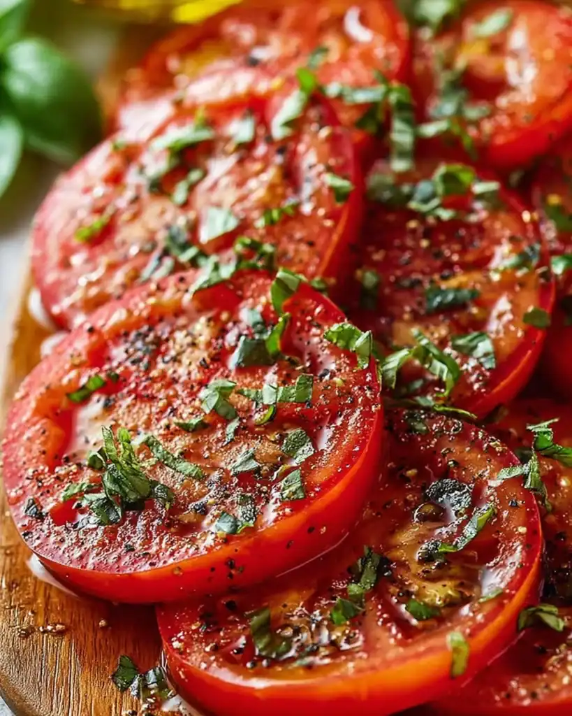 A bowl of marinated tomatoes perfect for summer salads and flavorful dishes.