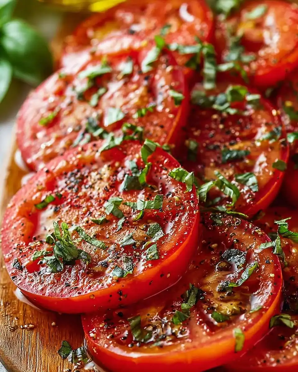 A bowl of marinated tomatoes perfect for summer salads and flavorful dishes.