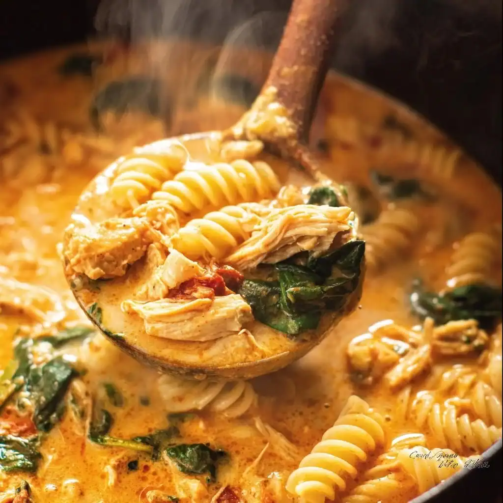 Bowl of Marry Me Chicken Soup filled with chicken, vegetables, and herbs