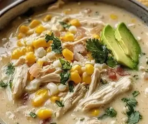 Bowls of Mexican Street Corn White Chicken Chili garnished with fresh cilantro.