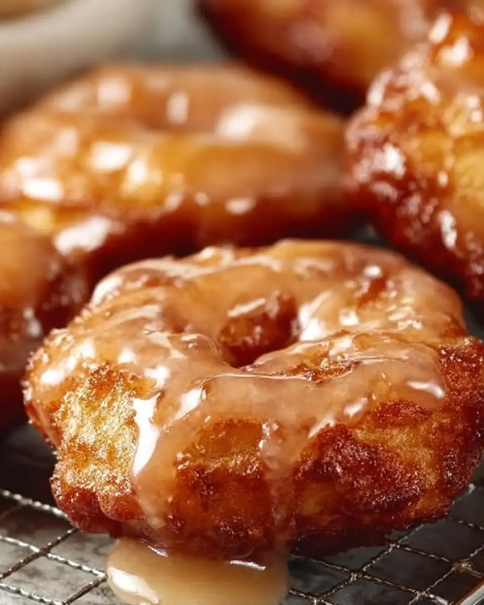 Mini cinnamon-apple fritters drizzled with a vanilla glaze on a plate