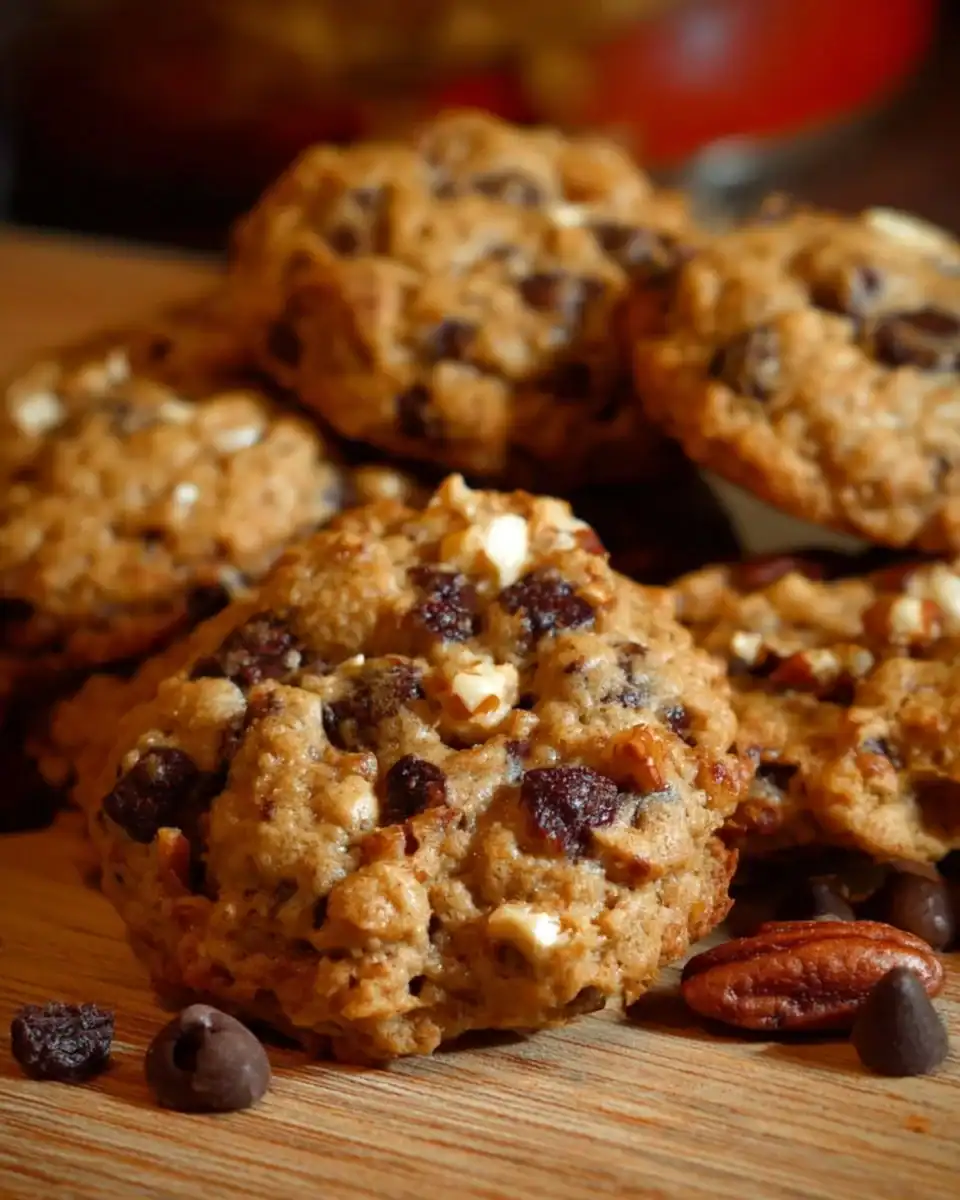 Homemade oatmeal cranberry pecan cookies on a baking tray