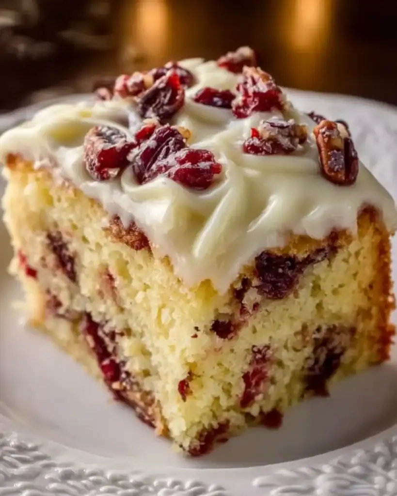 Delicious cranberry coffee cake served on a plate with fresh cranberries