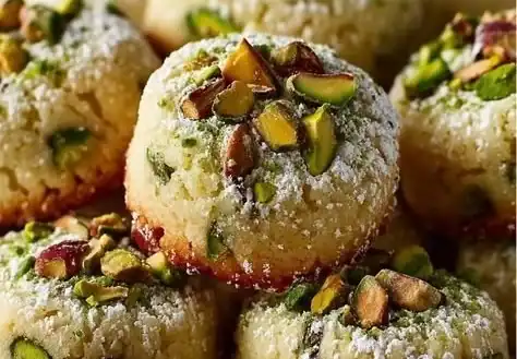 Pistachio shortbread cookies arranged on a plate with a sprinkle of nuts