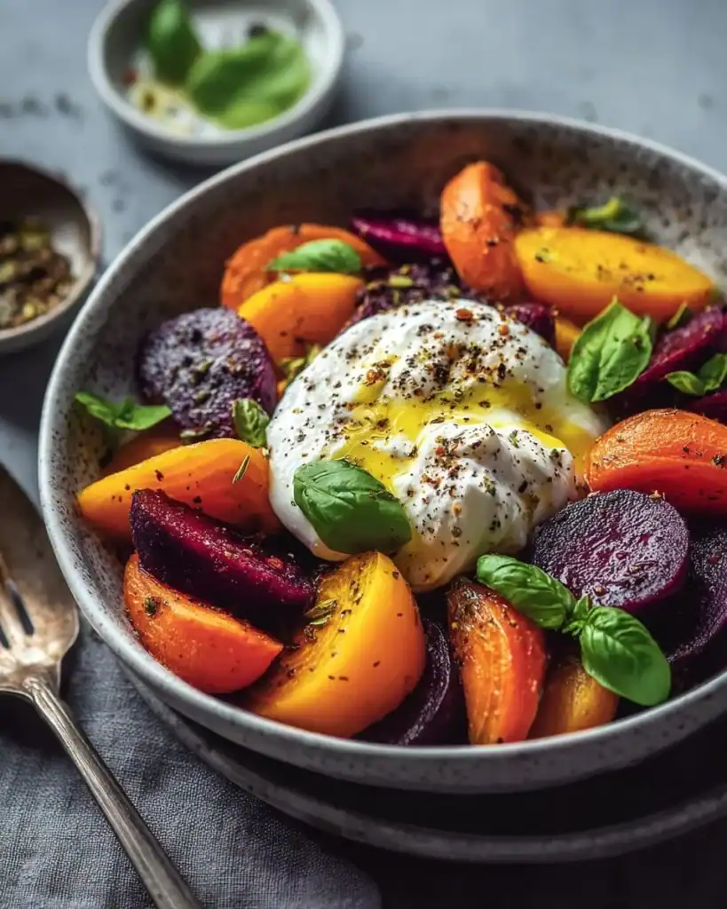 Roasted beets and carrots salad with creamy burrata on a plate