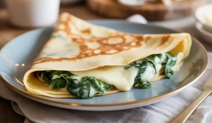 Savory crepes filled with spinach and cheese served on a plate.