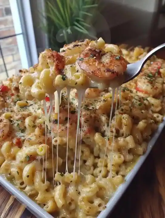 Delicious Seafood Mac with Colby Jack cheese in a creamy sauce