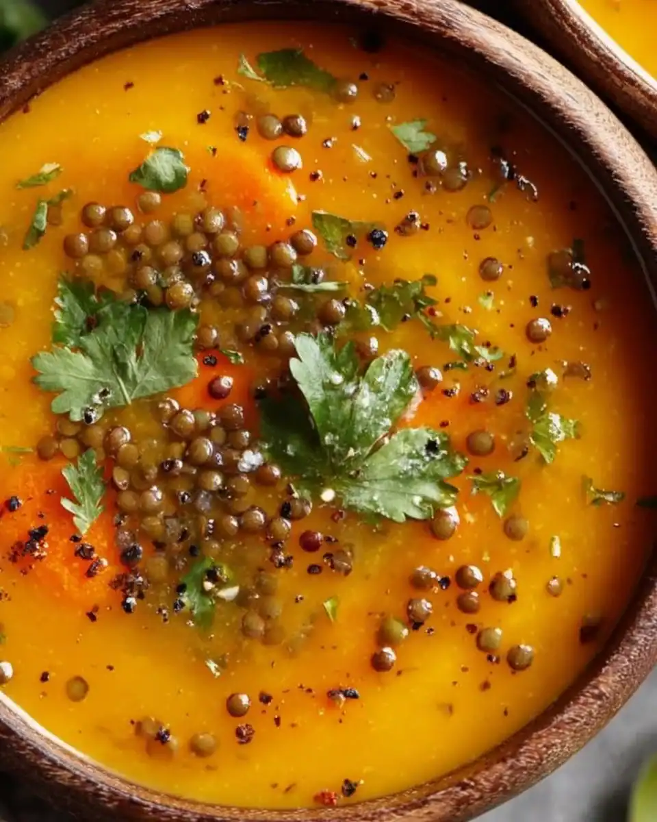 Bowl of spiced carrot and lentil soup garnished with herbs