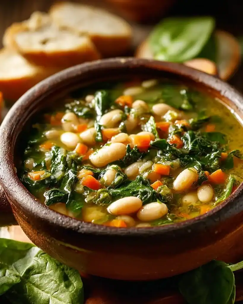Bowl of vibrant Spinach Lentil Soup with butter beans and herbs