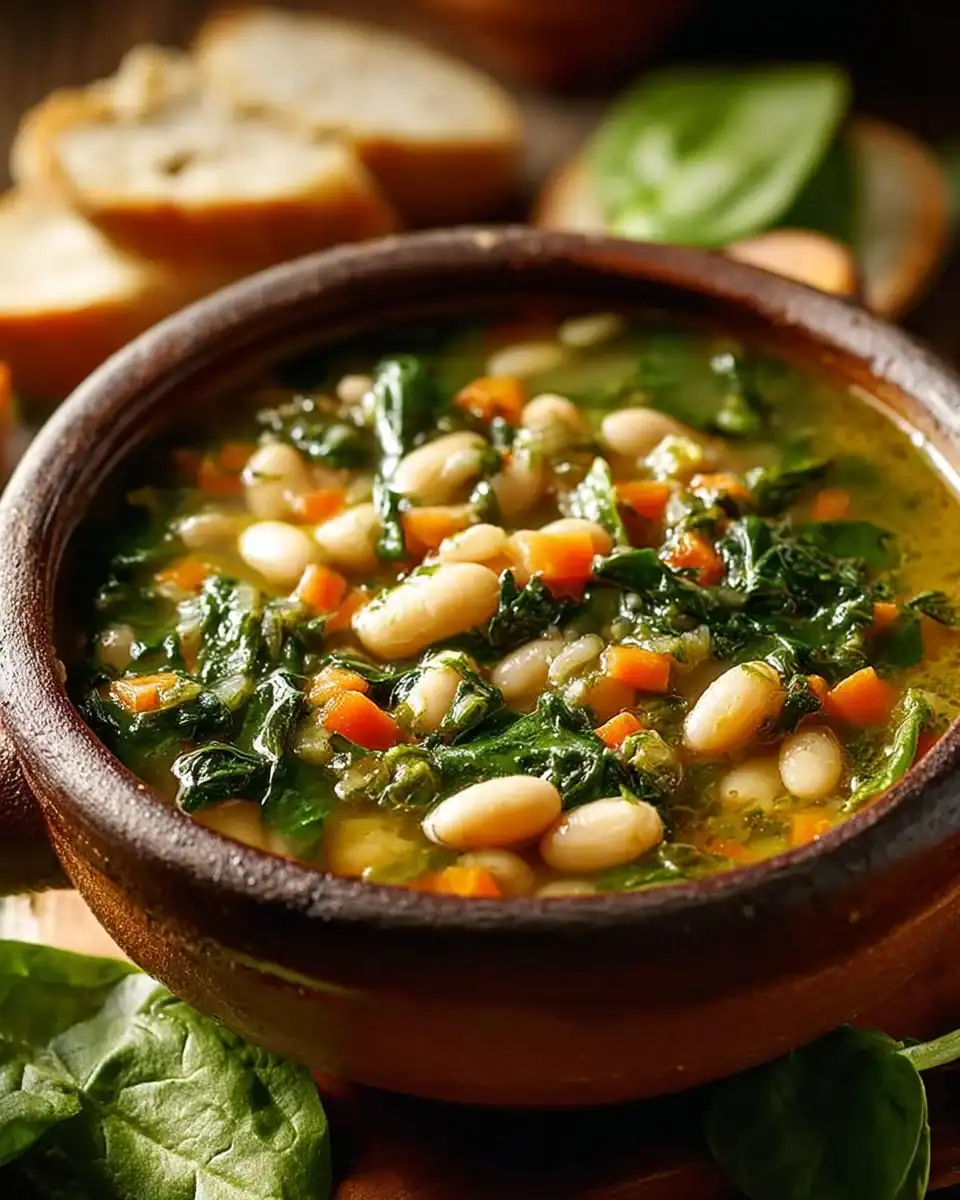 Bowl of vibrant Spinach Lentil Soup with butter beans and herbs