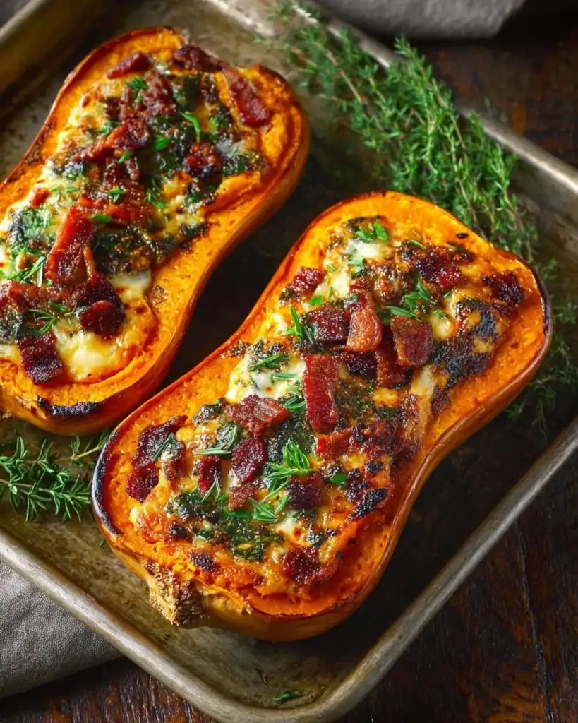 Stuffed butternut squash with spinach, bacon, and cheese on a plate