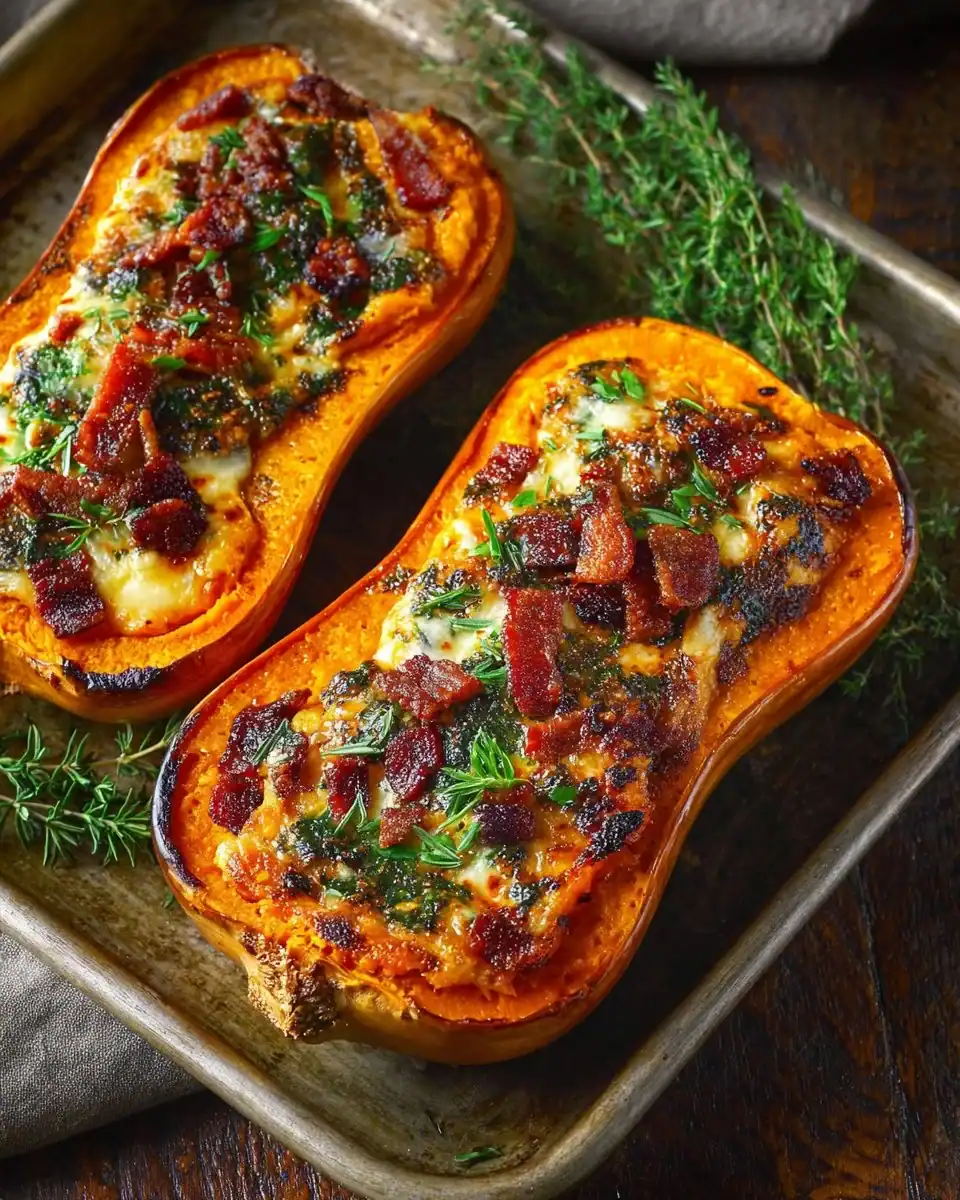 Stuffed butternut squash with spinach, bacon, and cheese on a plate