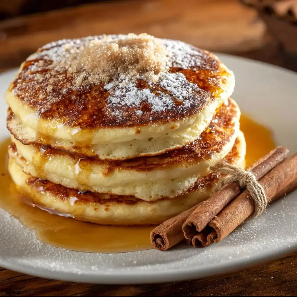 Fluffy vanilla cinnamon buttermilk pancakes served with syrup