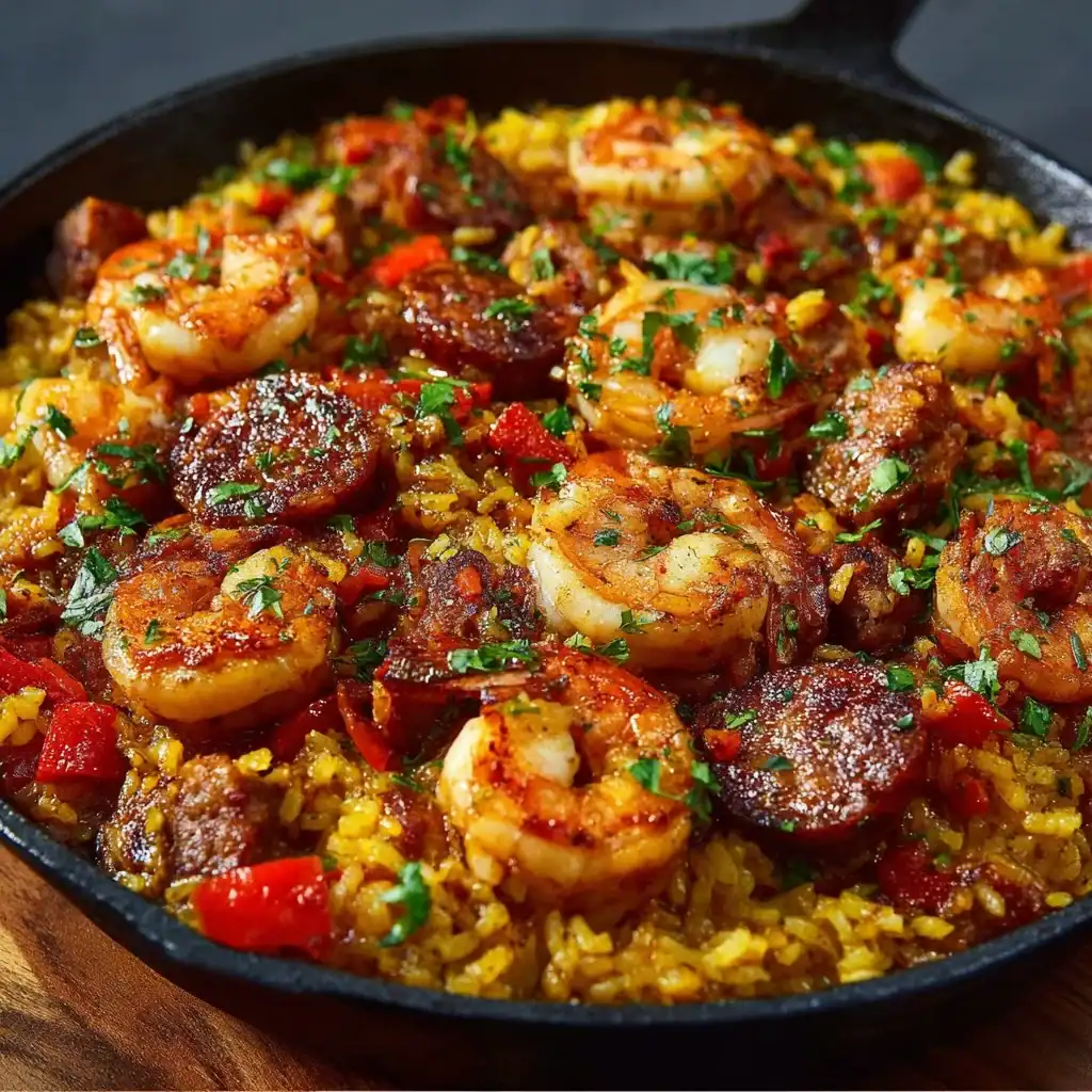 A delicious plate of Cajun Dirty Rice with shrimp and sausage, garnished and ready to eat.