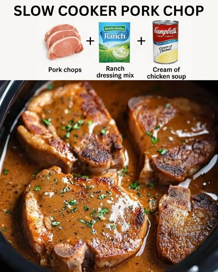 3-Ingredient slow cooker pork chop dish topped with herbs and spices
