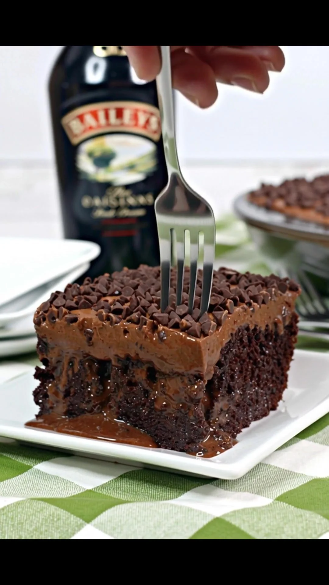 Delicious Baileys Chocolate Cake topped with chocolate frosting