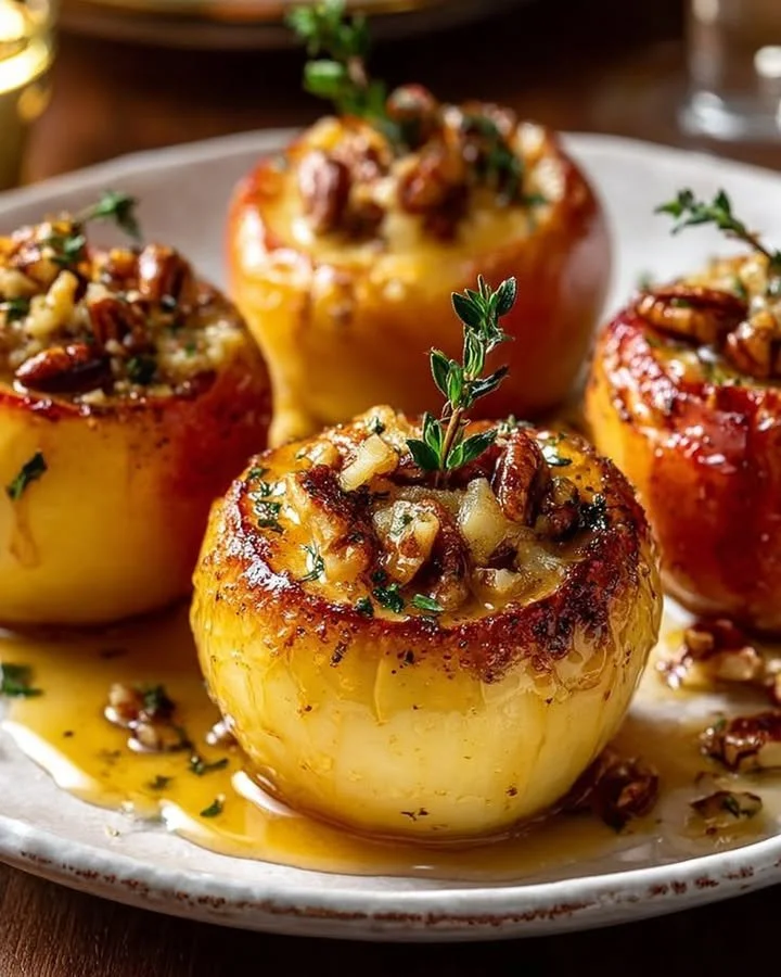 Delicious caramelized apples topped with brie cheese and pecans