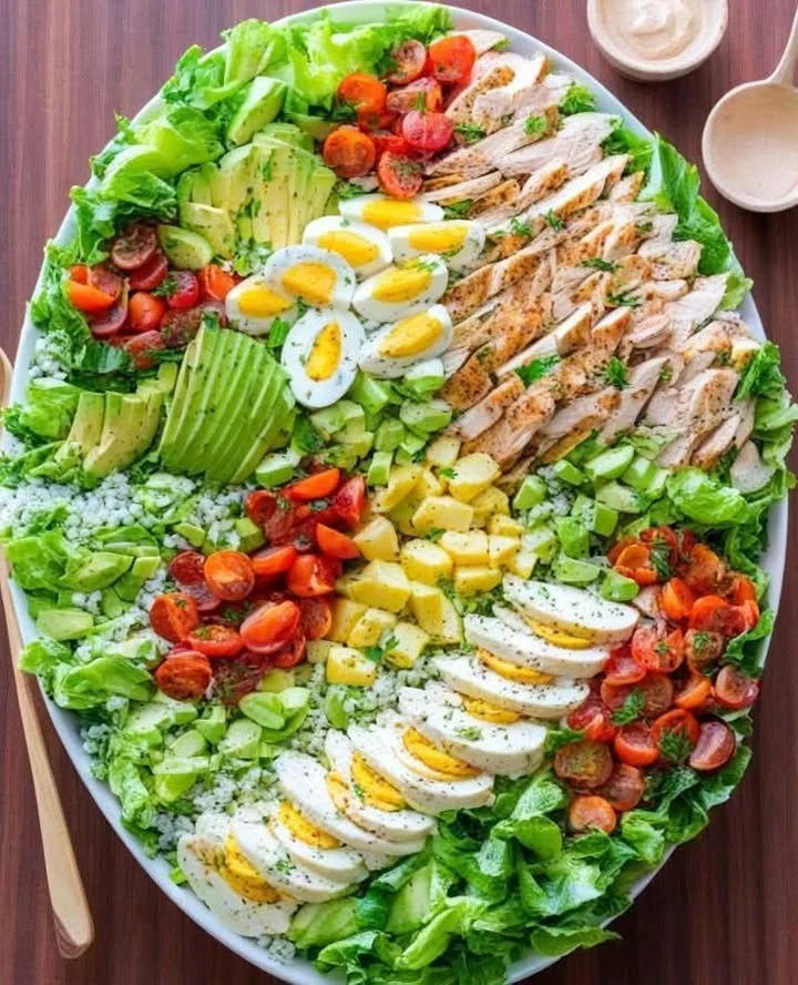 Fresh Chicken Cobb Salad with lettuce, tomatoes, avocado, bacon, and blue cheese