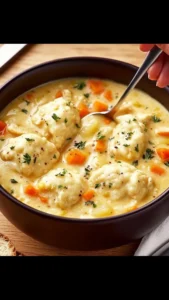 Bowl of Chicken Dumplings Soup with fresh herbs and dumplings