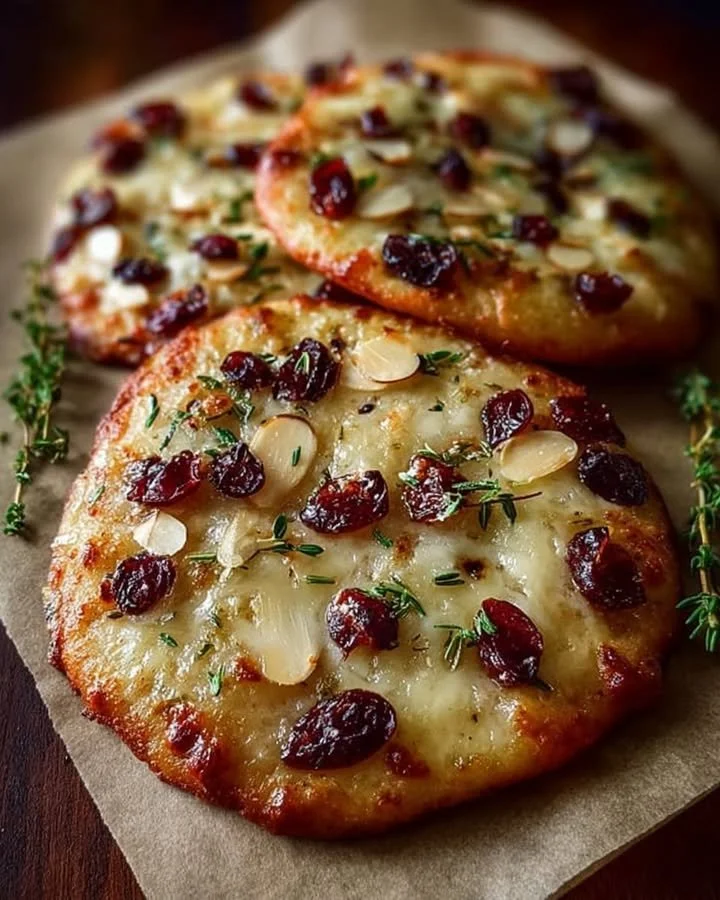 Cranberry Brie Flatbread topped with melted brie and fresh cranberries, served on a wooden board