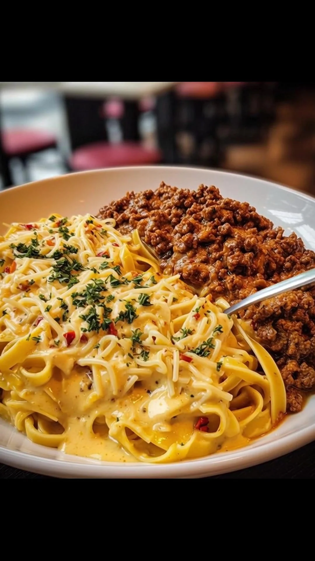 Plate of creamy Cajun beef linguine topped with parsley and spices