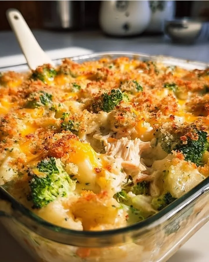 Creamy chicken and broccoli casserole served in a baking dish