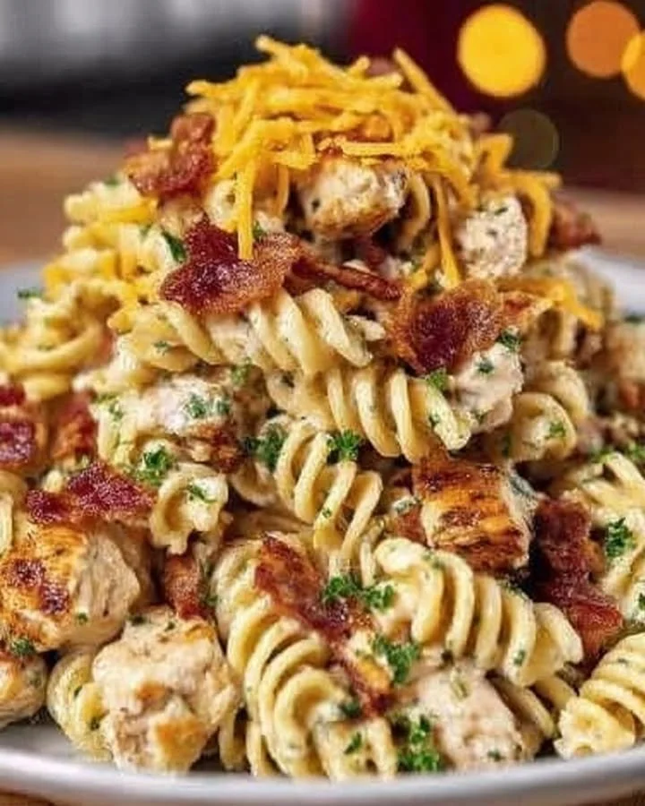 Creamy chicken pasta bake with cheese and herbs in a baking dish