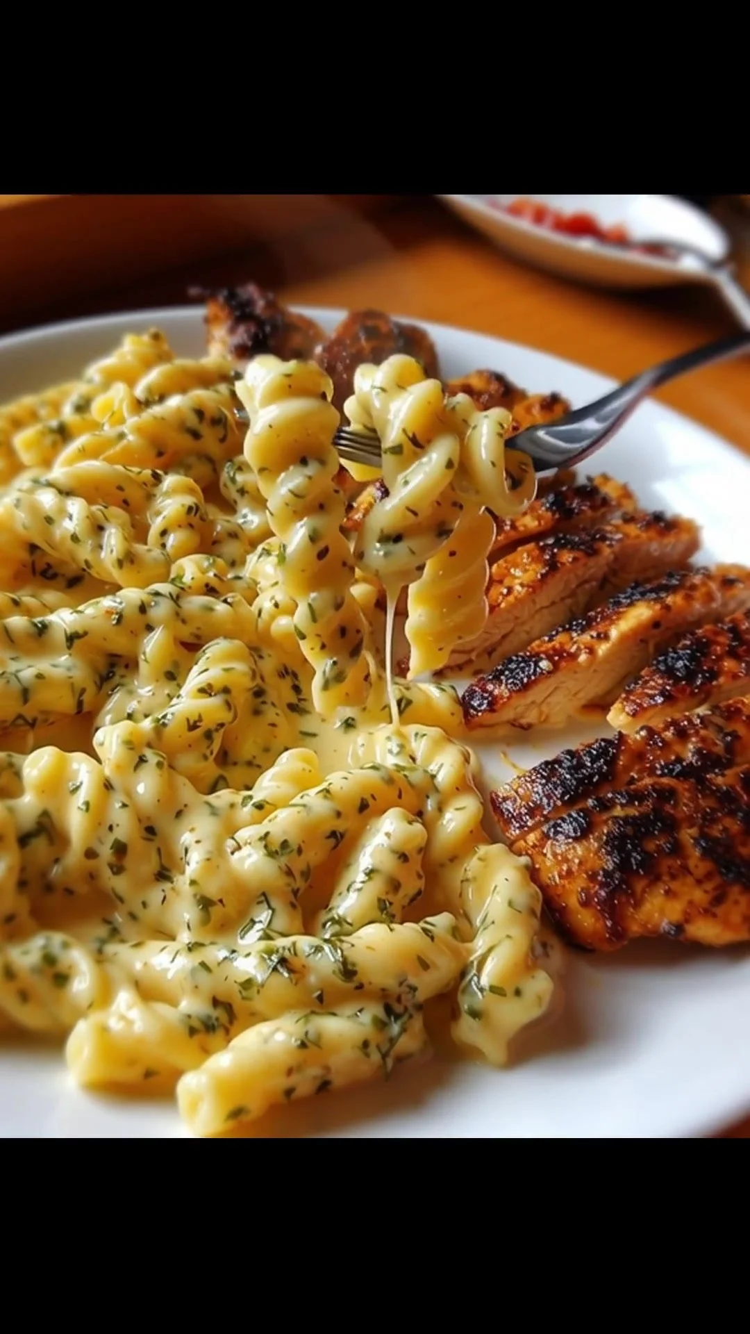 Plate of creamy garlic butter pasta garnished with parsley