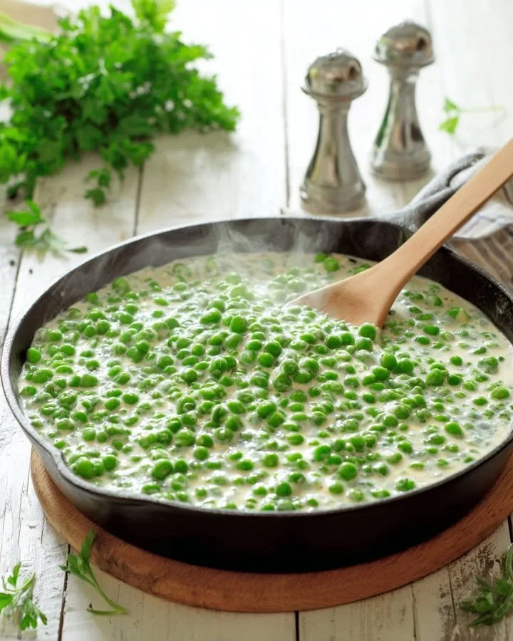 Delicious creamy peas served as a side dish in a bowl.