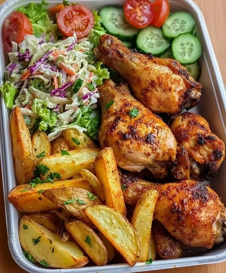 Crispy baked chicken drumsticks served with chunky fries and creamy coleslaw on a plate